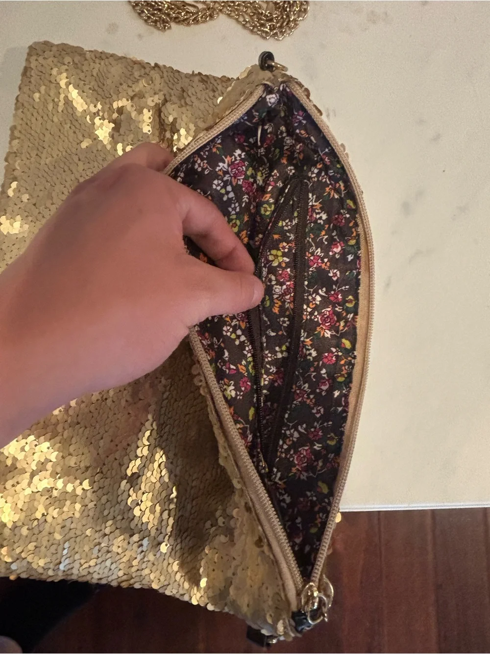 Gold Sequin Clutch Wristlet with Removable Chain